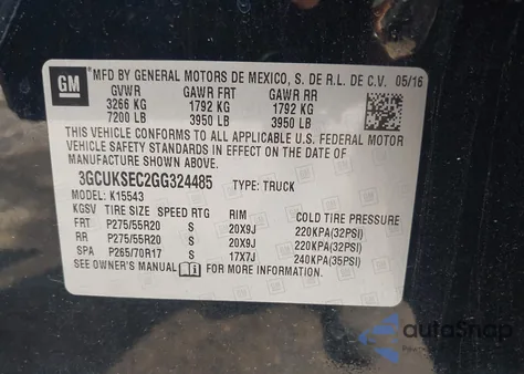 2016 Chevrolet Silverado 1500 2Lz from USA, damaged, VIN 3GCUKSEC2GG324485
